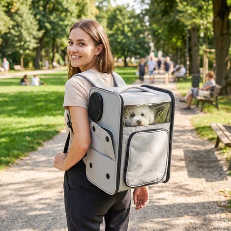 Sac Transport Chat 2 en 1 Roulettes Pliable Ventilé, Soutien Lombaire, 34x28x43 cm, Gris (1/5)