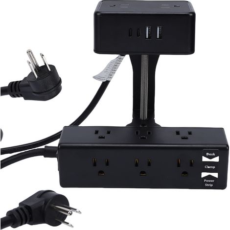 Multiprise de bureau double couche avec pince, 12 A, 1500 W, 13 prises secteur, 2 ports USB, fixation murale, câble de 2 m pour bureau à domicile. Prise américaine. (1/5)