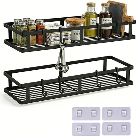 Lot de 2 étagères à épices murales en métal à suspendre sans perçage, pour armoire ou montage mural, pour salle de bain, balcon, cuisine avec crochets (noir) (1/4)