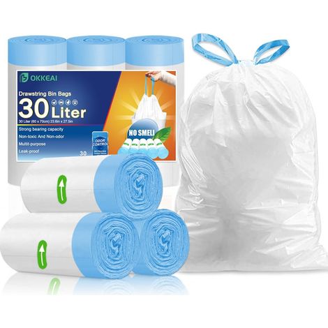 Lot de 30 sacs poubelle indéchirables avec cordon de serrage - Blanc - Avec poignée de transport - 30 l (1/5)