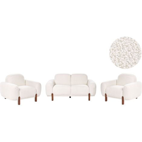 Ensemble de Salon Moderne 4 Places Canapé 2 places avec Fauteuils Bas Incurvé Rembourré Moelleux Bouclé Blanc Odnes