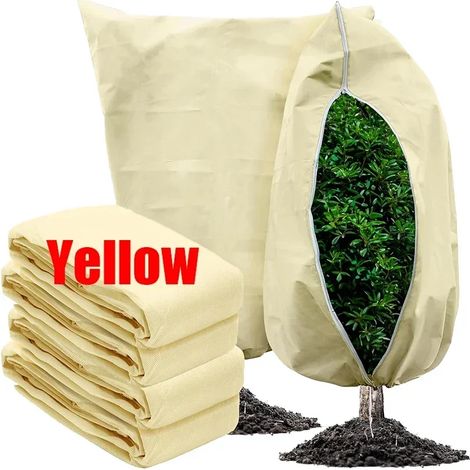 (Jaune, 60 x 80 cm) Sac de protection hivernale multi-tailles pour plantes, housse non tissée pour arbustes et arbres, protection contre le gel, fermeture éclair à cordon. (1/4)