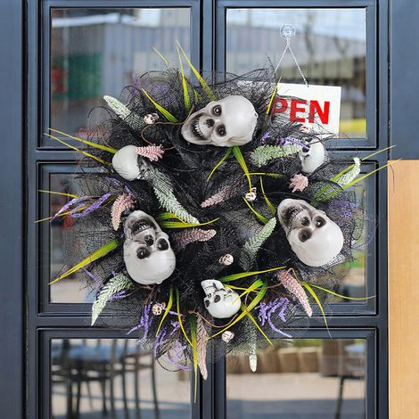 Guirlande Porte Halloween - Tête De Skull En Maille Noire - Décoration Festive Fantôme - 40 x 40 cm - 1 Pièce (1/5)