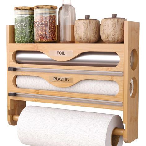 Derouleur Film Alimentaire avec Porte Essuie Tout et Étagère à Épices, Distributeur Papier Aluminium et Film, Support de Rangement Cuisine, Organisateur d'emballage de Cuisine en Bambou, 4 IN 1 (1/5)
