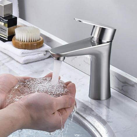 Robinet Lavabo Mitigeur Robinet Salle de Bain Contrôle de l'eau Chaude et Froide G 3/8 en acier inoxydable (1/5)