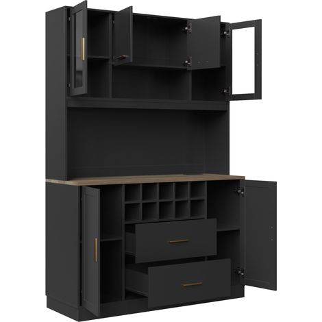 Buffet en MDF noir avec éclairage LED, prises intégrées, 120 x 36,3 x 180 cm, 6 portes et 2 grands tiroirs (1/5)