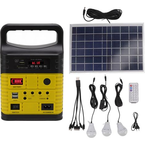 Générateur solaire portable multifonctionnel avec lampe LED, radio MP3 Bluetooth, chargeur de téléphone, prise UE 250 V, jaune