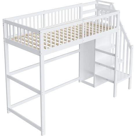 Hochbett 90 x 200 mit Treppe, weiß, aus Holz, mit Regalfach und Schrank (1/5)