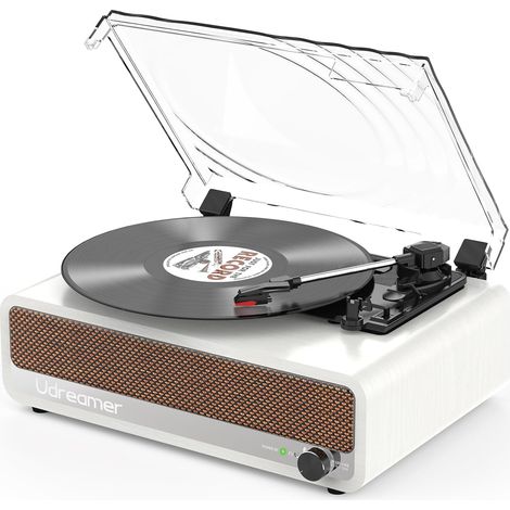 Platine Vinyle Bluetooth Tourne Disque Support USB Aux entrée RCA Ligne de Sortie 3 Vitesses Drive Ceinture Arrêt Automatique Miroir Design Blanc (1/5)