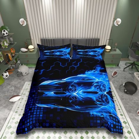 Parure de lit 135 x 200 cm, motif voiture de course, flamme, pour enfants, garçons, adolescents, vitesse, lit de sport, housse de couette ultra douce, motif nid d'abeille (1/5)