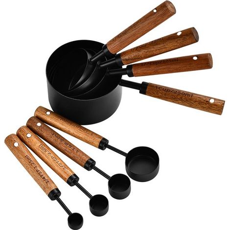 Juego de 8 tazas y cucharas medidoras de acero inoxidable. Tazas y cucharas medidoras de metal con mangos de madera para cocinar y h，madera，acero (1/5)