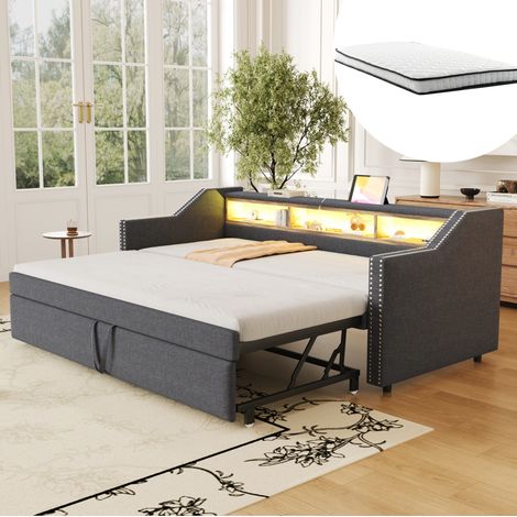 Ausziehbares Polsterbett 90/180 x 190 cm Dunkelgrau mit LED, USB und 2 Matratzen (1/5)