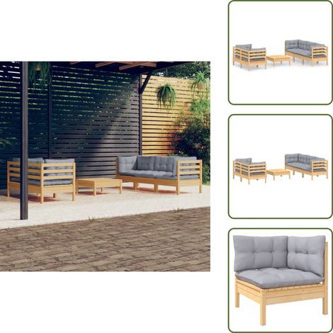 The Living Store 6-tlg. Garten-Lounge-Set mit Grauen Kissen Kiefernholz - Gartenmöbeln - Loungesessel - Outdoor Möbel - Rattan Sessel - Kiefernholz