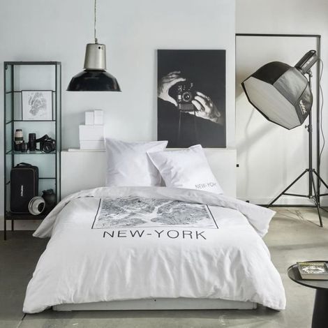 Parure de lit - TODAY - JAVA - 2 personnes - 240x220 cm - Coton - Imprimé New York - Blanc (1/4)
