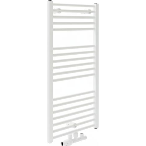 Luxrad MAX Badezimmerheizkörper 92,2 × 50 cm weiß, Bodenanschluss, Leistung 447 W