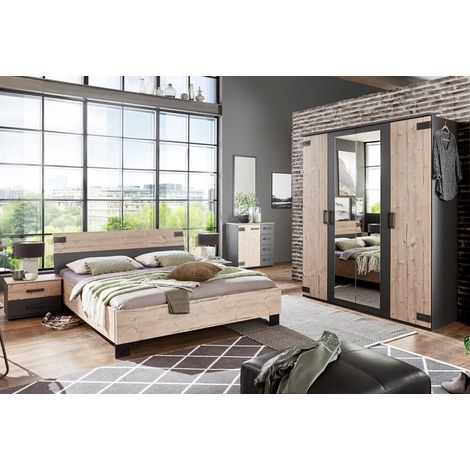Chambre à coucher complète adulte (lit 160x200 cm + 2 chevets + armoire + commode) coloris chêne -PEGANE-