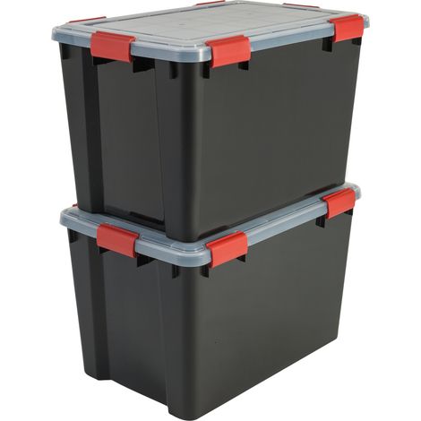 Iris Ohyama, Lot de 2 boîtes de rangement hermétique plastique 70L, Noir, WB-70