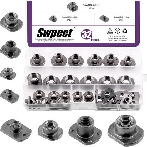 32pcs M6 M8 M10 M12 Kit écrou de soudage en t noir, base de patte UNC vis pour machine en acier au carbone, fixation de capot de soudage, idéal pour les roulettes de véhicules de meubles (1/5)
