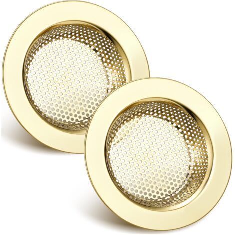 2er-Set Edelstahl-Spülensiebe für Küchenspülen, mit Netzdeckel, für Haare und Lebensmittel, breiter Rand, 11,2 cm Durchmesser (goldfarben) (1/4)