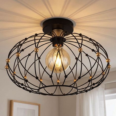 Lampada da soffitto, lampada da soggiorno, dettagli dorati, metallo nero, H 25 cm (1/5)