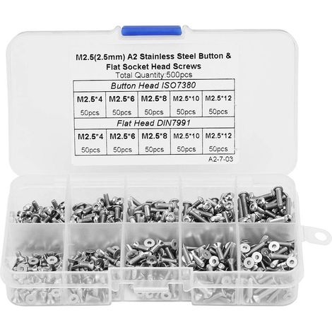 Assortiment de vis, kit d'assortiment de vis et d'écrous en acier inoxydable 500pcs, ensemble de vis à tête hexagonale à tête plate M2.5, vis hexagonale 4mm-12mm, boîte de rangement incluse (1/5)