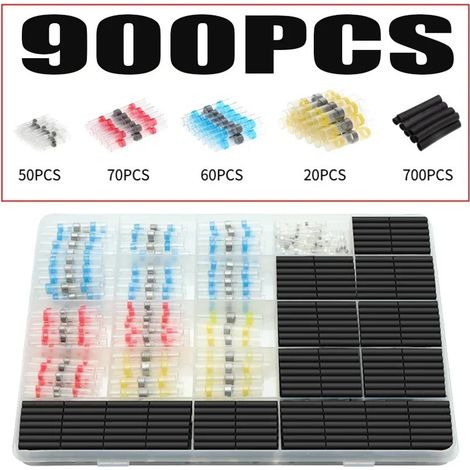 Kit de 900 Connecteurs Électriques Étanches à Souder avec Gaine Thermorétractable, Bornes Sans Sertissage Assorties (Blanc, Rouge, Bleu, Jaune) pour Réparation Automobile et Câblage-lsw (1/2)