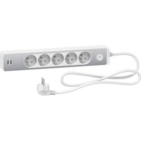 Bloc multiprise 5 prises 2P+T + 2 USB - Blanc et alu - Schneider