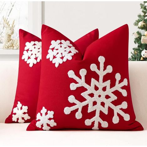 Lot de 2 Housses de Coussin 45x45 cm Décoratives de Noël Flocon de Neige Housses de Coussin Brodées Taie d'oreiller Souples pour Le Canapé la Chambre à Coucher et La Voiture (Rouge) (1/5)