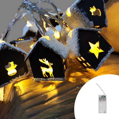 Catena decorata con 10 Casette luminose a Led Bianco Caldo fisso e intermittente 3 metri con cavo trasparente a batteria Wisdom (1/2)