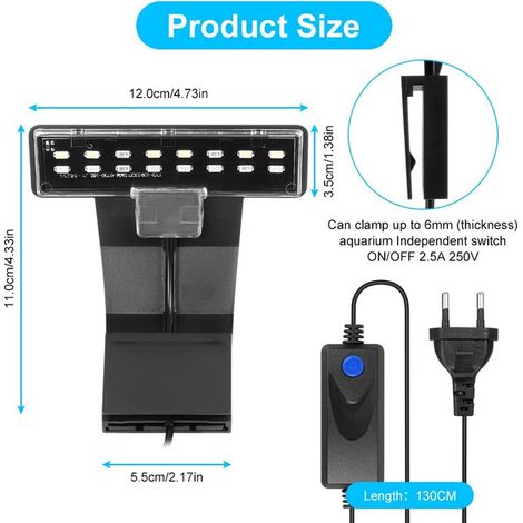 Éclairage LED pour Aquarium Lampe Clipser Étanche Lumière Blanche Bleue Rouge Verte pour Multi-couleurs Cuve de 20-40cm Éclairage de Plante Aquatique et Poisson avec Interrupteur Prise EU