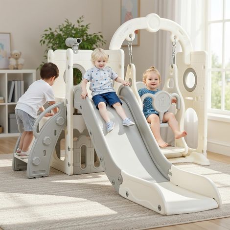 Schaukel Rutsche, 5-in-1 Kinderrutsche mit Schaukel, Klettergerüst, Teleskop, Aufbewahrung, Indoor und Outdoor Freistehende Rutsche, Spielplatz für Kleinkinder, für Max 60KG ab 1-6 Jahre (1/5)