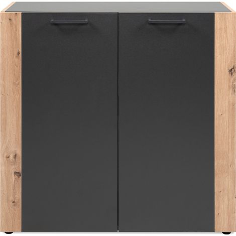 Comò 2 porte con piedi neri, decorazione grigio antracite e rovere artigianale L89 cm - LUMA