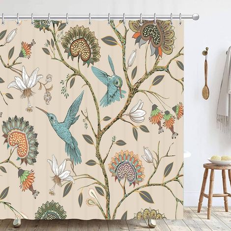 Rideau Douche Abricot Fleur Oiseau, Tissu Anti Moisissure Imperméable Polyester Rideau Baignoire pour Salle de Bain Lavable en Machine avec Crochets, Shower Curtain 180x180 cm (1/5)