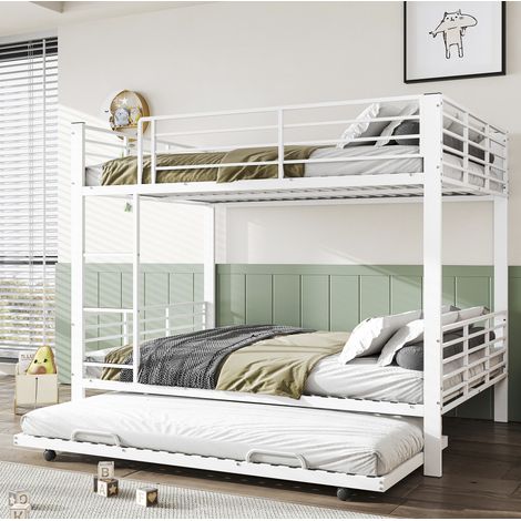 REDOM litera triple (205x145x170 cm), cama inferior extraíble, barandilla alta, metal blanco mate (1/5)