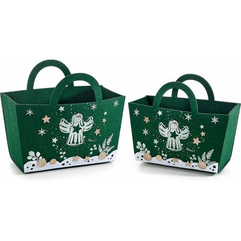 Borsette natalizie in panno verde con decorazioni ad angelo e stella, set da 2 pezzi, Grande: cm 24x10,5x14,5 H