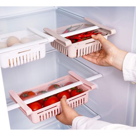 Kühlschrank-Aufbewahrungsbox, ausziehbare Kühlschrank-Organizer-Schublade, Kühlschrank-Aufbewahrungsbox, hält Ihren Kühlschrank organisiert (3er-Pack) Rosa + Weiß + Khaki