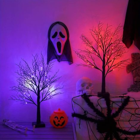 Pack of 2 Halloween Decoration Pre-Lit Black Twig Tree with Lights, Battery or USB Powered