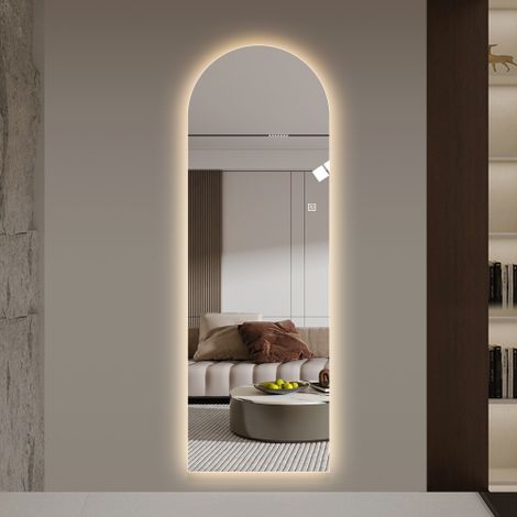 Specchio LED da terra o da parete ad alta risoluzione, design ad arco, luminosità regolabile, illuminazione uniforme e potente – ideale per il trucco, gli studi fotografici e l’uso professionale