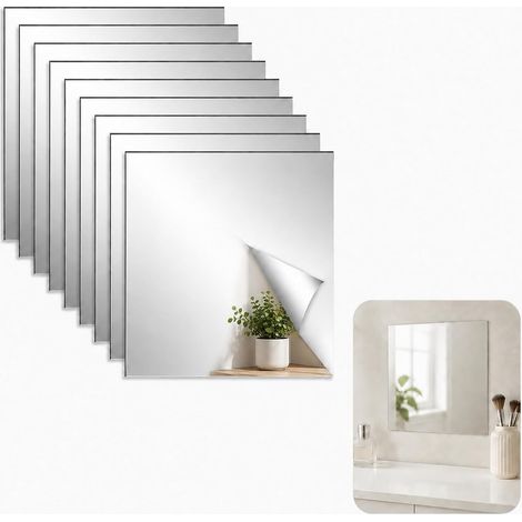 10 Pieces Adhesive Wall Mirror 20 x 20 cm, 2 mm Self-Adhesive PVC, Glass-Free, Flexible Decorative Wall Stickers for Bathroom, Bedroom, Living Room and DIY Projects, Easy to Install (1/5)