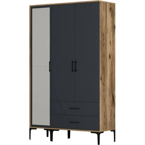 Dmora - Guardaroba 3 ante Shaula, Mobile camera da letto, Cabina armadio portabiti, Armadio appendiabiti, 120x201h48 cm, Noce e Antracite, con imballo rinforzato, con imballo rinforzato