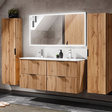 Badmöbel Komplett Set mit 121cm Waschtisch ADELAIDE-56 Wotaneiche Rillenoptik, B/H/T ca. 220/200/46 cm (1/5)