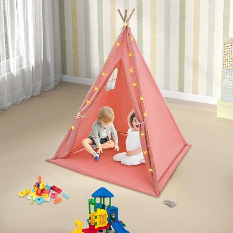 Tipi Zelt für Kinder, Baumwolle Kinderzelte 120  120  140cm Kinderzimmer Spielzelt mit Lichterkette und Matte, Teepee Kinderzelt für 1-3 Jungen & Mädchen (Rosa)