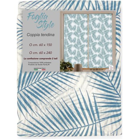 Coppia TENDINA a vetro FOGLIA STYLE BLU larga cm. 60 da Finestra e da Porta COPPIA (2 TELI) CM. 60X150