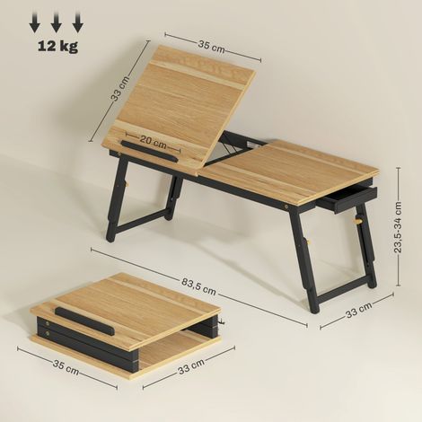 Table de chevet réglable, support laptop pliable avec tiroir, bureau pour canapé et lit, dessus en bois chêne, hauteur ajustable (1/5)
