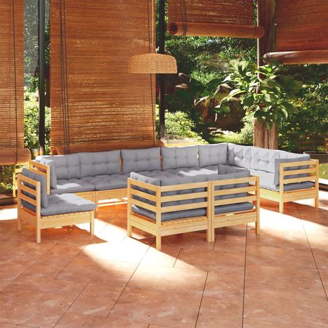 INLIFE Salon de jardin 10 pcs avec coussins gris Bois de pin solide (1/5)