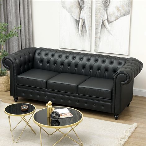 Divano 3 Posti Stile Chesterfield in Finta Pelle, Divanetto da Salotto Trapuntato con Braccioli e Imbottitura Spessa, Sofà con Gambe in Legno di Gomma per Soggiorno e Ufficio, Nero (1/5)