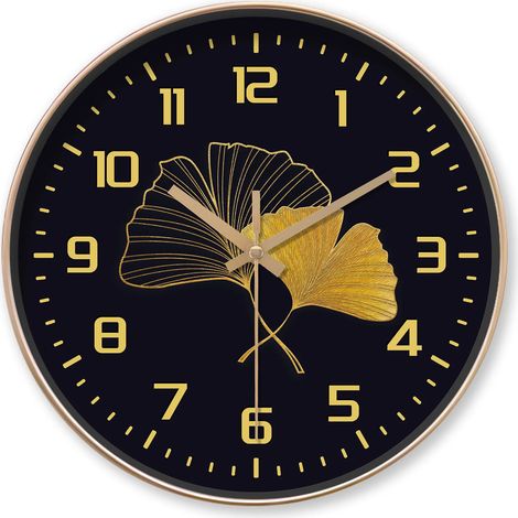 Horloge murale ronde (8 pouces) noire et dorée à motif de feuille de ginkgo et élégante décoration botanique (piles non incluses) (1/5)