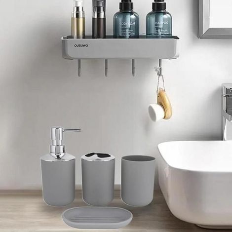 Accessoire Salle De Bain - Ensemble 4 Pièces Distributeur Savon Gobelet Porte-Savon Porte-Brosse À Dents - Plastique Haute Qualité - Blanc (1/5)