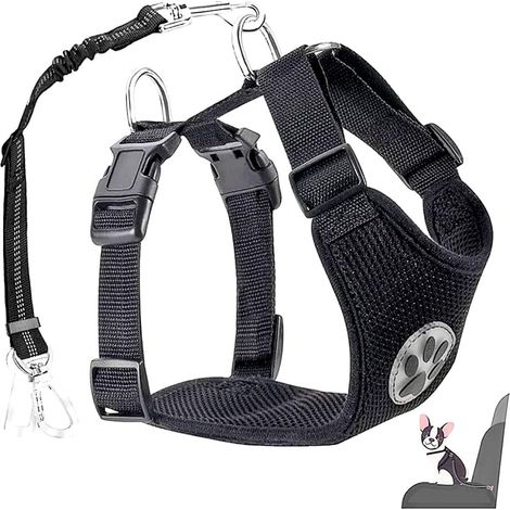 Harnais pour chien avec ceinture de sécurité pour voiture, Harnais pour chiot en double couche de maille en latex respirante, Anti-traction réglable avec poignées élargies M (1/5)