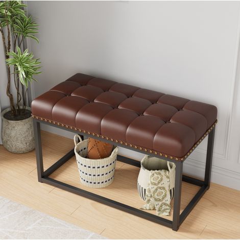 Vintage-Bank 90 x 46 x 52 cm aus braunem Kunstleder mit Knopfheftung HAVRYA (1/5)